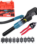 Heavy Duty Hydraulic Wire Terminal Crimper Swager Kit With 9 Die Pairs For Battery Cable Lug Crimping Delivers Up To 45KN Crimp Power For 4-70 Mm2 Copper And Aluminum Wires Stainless Steel Cable Cutter CT11 with open case and accessories shown