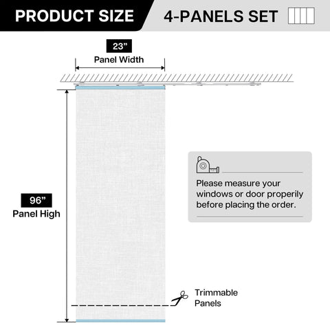 Product dimensions for Hella Soft And Totally Sleek 4 Pack Panel Track Blind Replacement Fabric 23x96 inches with trimming options.