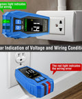Digital Circuit Breaker Finder With GFCI Tester And Color LCD Display showing voltage conditions next to AC outlets