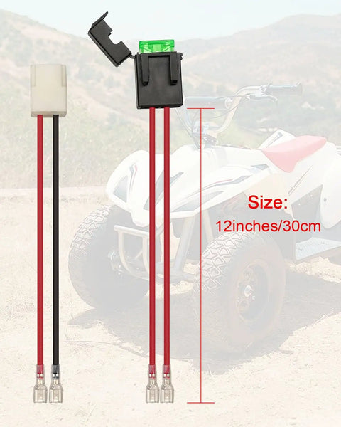 4 Pin 2 Wire Battery Wiring Harness For Dirt Quad Dune Buggy MX350 MX400 PR200 featuring fuse, 30cm wires, quad background