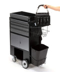Heavy Duty Rolling Utility Cart With Four Drawers For Trades And Warehouses showcasing drawers, organizer bag, and waste bin.