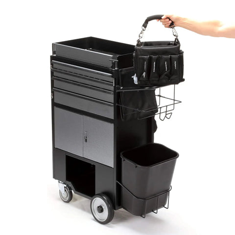 Heavy Duty Rolling Utility Cart With Four Drawers For Trades And Warehouses showcasing drawers, organizer bag, and waste bin.