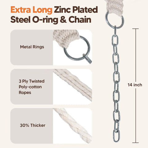 Close-up of 3 ply twisted poly-cotton ropes with extra long zinc plated steel O-ring and 14-inch chain for hammock setup.