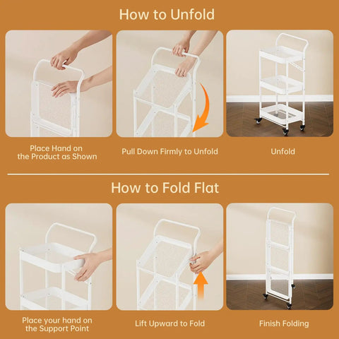 Instructions for folding and unfolding Foldable 3 Tier Rolling Cart With Handle No Assembly Required Heavy Duty Metal Utility Trolley