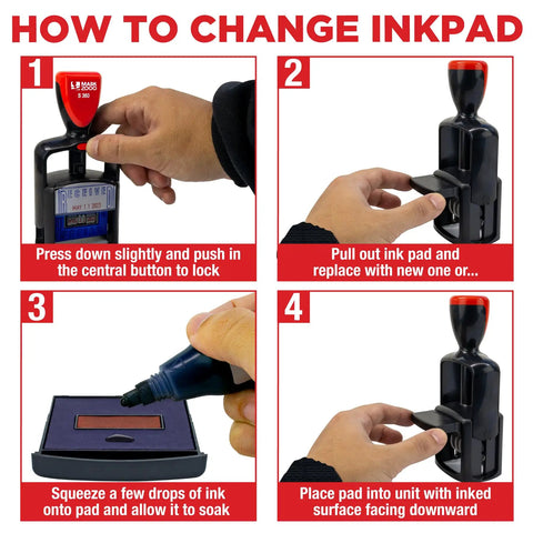 Instructions for changing the inkpad of a Self Inking Date Stamp With Received Phrase featuring clean design and easy handling.