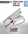 Image of a metal P22 plier stapler from Arrow, compatible with No-Nonsense Pro-Grade Heavy Duty P22 Staples For Plier-Type Paper And Bag Staplers In Restaurants, Offices, And Classrooms 5050 Pack, 1/4 Inch Leg, 7/16 Inch Crown Great For Bags Papers Tags And Labels.