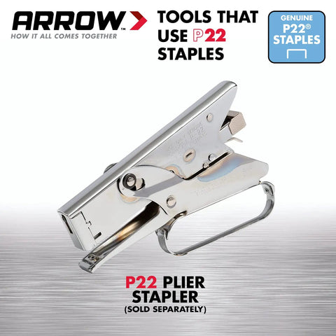 Image of a metal P22 plier stapler from Arrow, compatible with No-Nonsense Pro-Grade Heavy Duty P22 Staples For Plier-Type Paper And Bag Staplers In Restaurants, Offices, And Classrooms 5050 Pack, 1/4 Inch Leg, 7/16 Inch Crown Great For Bags Papers Tags And Labels.