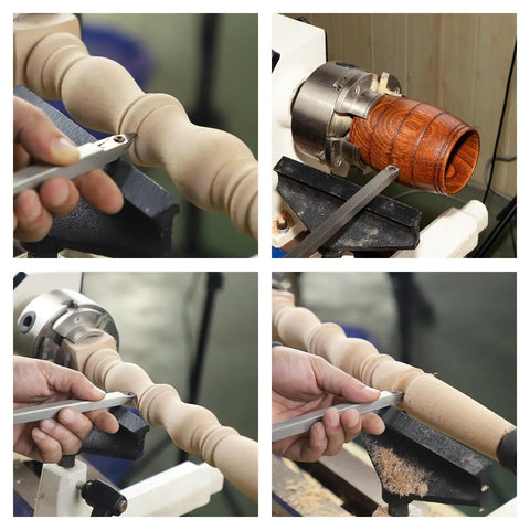 Top Shelf Carbide Wood Lathe Turning Tool Kit With Beefy Anti Slip Rubber Handles And Rust Proof Steel Cores for shaping wood on lathe.