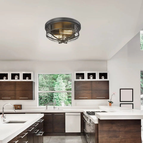 Dope Flush Mount Ceiling Light Fixtures For Indoor Outdoor Use With Glass Shade 2 Light E26 Aluminum Black Round Frame in kitchen
