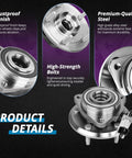 Front And Rear Wheel Hub Assembly Replacement Fits 2007 2008 2009 Chevy Equinox 2012 2013 2014 2015 Chevy Captiva Sport 2007 2008 2009 Pontiac Torrent 2008 2009 Saturn Vue Suzuki XL7 Direct Fit Bearing Hub Kit product details showing alloy steel construction and dustproof finish