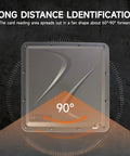 UHF RFID Reader Long Range 9m with 9dBi Antenna USB RS485 Wiegand 26 and 34 IP67 frontal view indicating 90-degree identification range