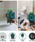 Green Laser Level Pro 4x360 Degree 4D Cross Line For Construction With Pulse Mode on floor with accessories shown