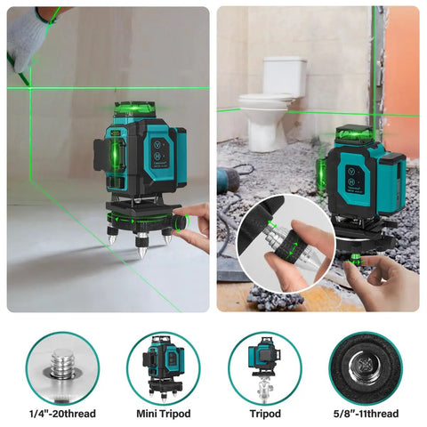 Green Laser Level Pro 4x360 Degree 4D Cross Line For Construction With Pulse Mode on floor with accessories shown