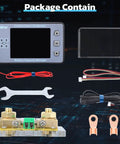 Package contents including Digital Battery Monitor And Multimeter For RVs And Solar Setups, cables, and components.