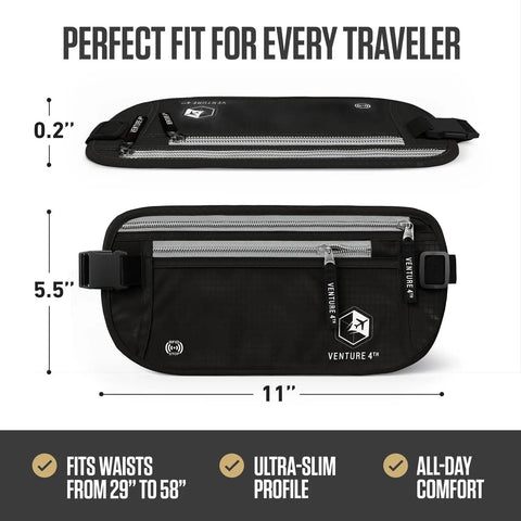 Hidden Money Belt For Travel With RFID Blocking Passport Holder And Slim Body Wallet Under Clothes, black, 11x5.5 inches