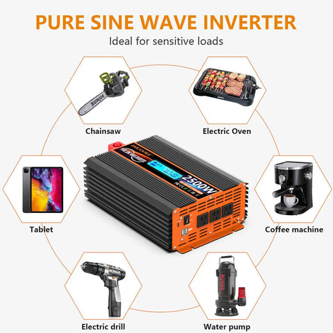 Heavy Duty 2500 Watt Pure Sine Wave Power Inverter 12V DC To 110V 120V AC Converter For RV Car Off Grid Solar System with devices.