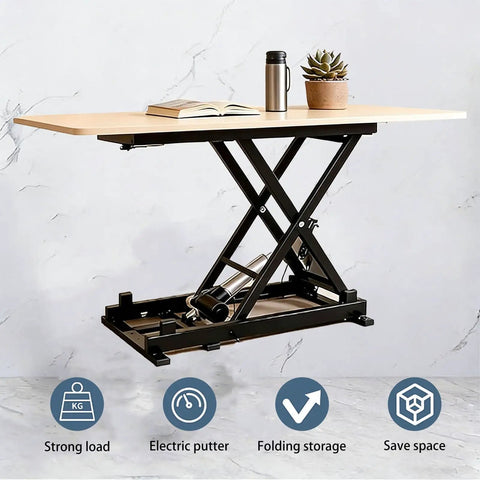 Top Shelf Electric Scissor Lift Table With Foldable Design And Wireless Remote Control showing a compact design with book and plant.