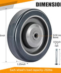 Four Pack 5 Inch Shopping Cart Replacement Wheels Kit With Axles Bolts Carbon Steel Bearings Polyurethane Stepped Full Tread Face Heavy-Duty Silent Caster Wheels For Grocery Carts shown with dimensions
