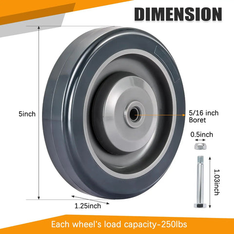 Four Pack 5 Inch Shopping Cart Replacement Wheels Kit With Axles Bolts Carbon Steel Bearings Polyurethane Stepped Full Tread Face Heavy-Duty Silent Caster Wheels For Grocery Carts shown with dimensions