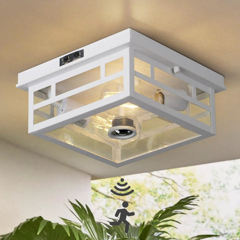 Outdoor Flush Mount Motion Sensor White Ceiling Light With Seeded Clear Glass Timeless Industrial Design for outdoor use