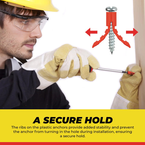 Worker installing Drywall And Hollow-Wall Anchor Assortment Kit With Screws in wooden surface, showing anchor expansion.