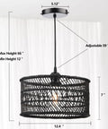 Boho Rattan Chandelier Pendant Light For Dining Room And Kitchen Island, Handwoven Natural Burmese Rattan Ceiling Fixture In Black, 12.4 Inch Wicker Pendant, Cast Warm 360 Degree Shadows shown with dimensions