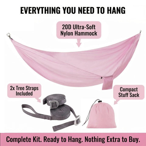 Ultralight Camping Hammock With 600 Lb SGS Certified Capacity, Pack Light At Only 10oz Portable 20D Ripstop Nylon shown with tree straps.