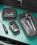 Collapsible Magnetic Parts Tray Organizer Set With 12 Inch Flexible Magnetic Pickup Tool in a garage setting with tools.