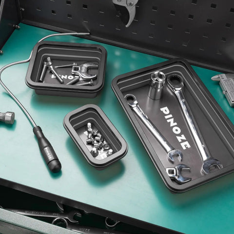 Collapsible Magnetic Parts Tray Organizer Set With 12 Inch Flexible Magnetic Pickup Tool in a garage setting with tools.