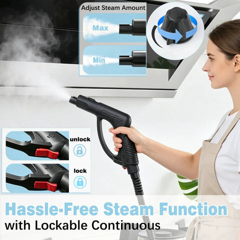 Get Rid Of Grime Fast With This Heavy Duty 1800W Steam Mop And Multipurpose Cleaner, showing adjustable steam control handle.