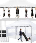 10x20 Foot Pop Up Canopy Tent With 6 Sidewalls Heavy Duty Waterproof Commercial Gazebo shown with hanging test and easy setup
