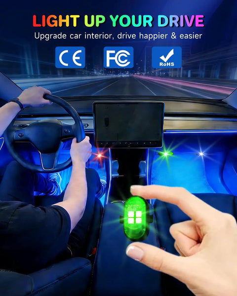 Interior car view with Upgraded Four Pack Wireless LED Lights For Car With Remote Rechargeable Waterproof Eight Color Interior Car Lights