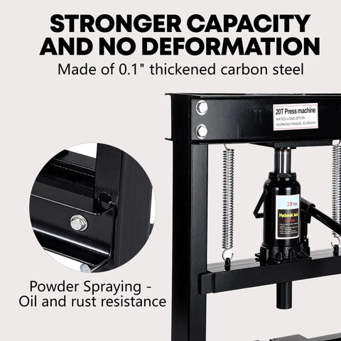 Heavy Duty 20 Ton H Frame Hydraulic Shop Press With Adjustable Table Steel Frame, 0.1" thick carbon steel, showcasing oil and rust resistance features.