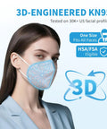 Model wearing blue 3D-engineered KN95 mask, one size fits all, on white background with informational graphics