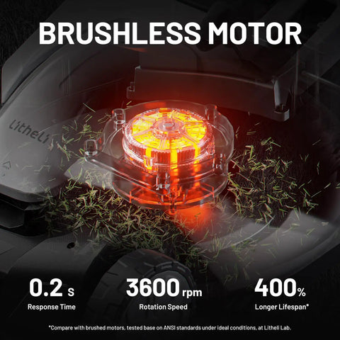 18 Inch Electric Self Propelled Cordless Lawn Mower With Brushless Motor, close-up of motor with grass cutting
