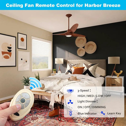 Ceiling Fan Remote Transmitter Replacement For Harbor Breeze Models, featuring cream remote with controls in a bedroom setting.