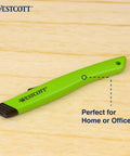 Westcott box cutter safety ceramic utility knife with green plastic handle (side view)