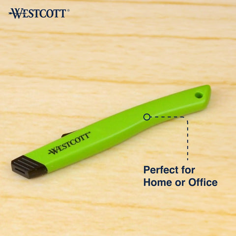 Westcott box cutter safety ceramic utility knife with green plastic handle (side view)