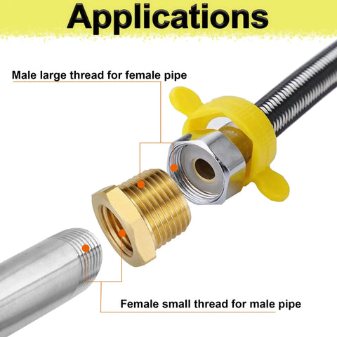 Exploded view of brass reducer hex bushing, 3/4 MNPT to 1/4 FNPT, two-piece pipe fitting adapter