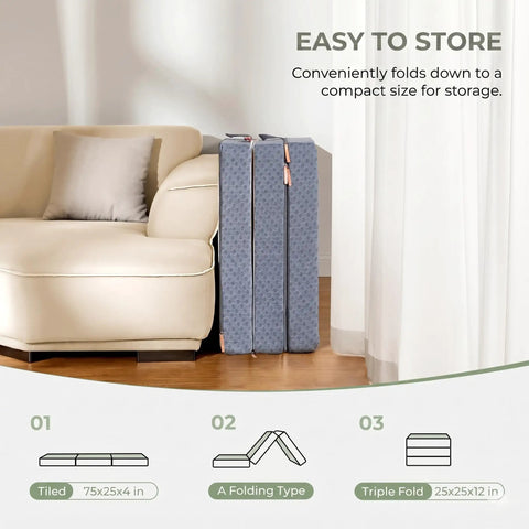 Comfy Tri Fold 4 Inch Mattress Topper Medium Firm Portable Foldable Bed Topper next to sofa, folds compact for storage