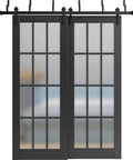 2 Panel Bypass Sliding Doors Kit With Frosted Glass And Solid Wood In Black, barn style, 84x96 inches, installed front view
