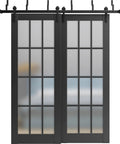 Built Tough Interior Barn Bypass Sliding Doors With Frosted Glass And Sturdy Solid Wood Panels In A Smooth Black Finish Sized At 72 By 96 Inches For Your Home Featuring Rock Solid Classic Design And Complete Heavy Duty Rolling Hardware Kit.