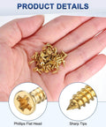 Go-To Brass Wood Screws 100 Pack M2x6mm Phillips Flat Head Self-Tapping Fasteners held in a hand showing screw details.