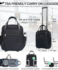 Underseat Carry On With Wheels 16 Inch Lightweight Rolling Weekender Bag For Men And Women Fits Under Airline Seats Water Resistant Durable Polyester Travel Luggage For Quick Trips And Business Trips Your Go To Travel Buddy showcasing bag dimensions and features.