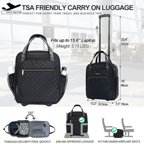 Underseat Carry On With Wheels 16 Inch Lightweight Rolling Weekender Bag For Men And Women Fits Under Airline Seats Water Resistant Durable Polyester Travel Luggage For Quick Trips And Business Trips Your Go To Travel Buddy showcasing bag dimensions and features.