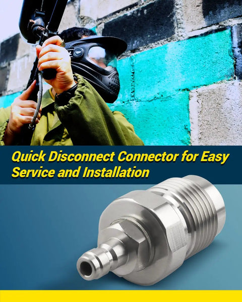 DIN Valve Scuba Adapter For Paintball And Scuba Fill Stations, showing stainless steel construction with quick disconnect fitting