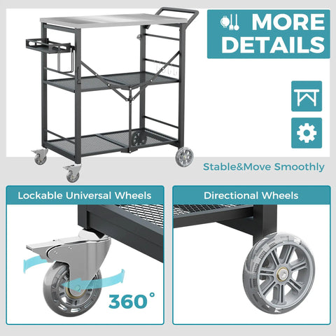 Sturdy Folding Outdoor Grill Cart With Locking Wheels Ready To Roll 27 By 18 Inch Stainless Steel Top 3 Shelf Rolling BBQ Stand