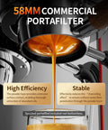 Heavy Duty Semi Automatic Espresso Maker With 15Bar Extraction Power And Quick Dial Milk Frother Steam Wand For Dope Shot Pulls And No Hassle Home Kitchen Setup showcasing a 58mm portafilter with espresso pouring.