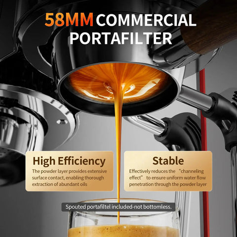 Heavy Duty Semi Automatic Espresso Maker With 15Bar Extraction Power And Quick Dial Milk Frother Steam Wand For Dope Shot Pulls And No Hassle Home Kitchen Setup showcasing a 58mm portafilter with espresso pouring.