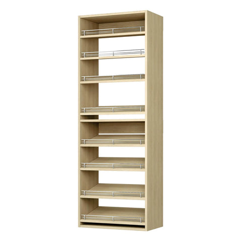 Slanted Shoe Shelf Tower And Modular Closet Organizer Unit With Premium Oak Finish Spanning 31 Point 5 Inches Wide, showing storage shelves.